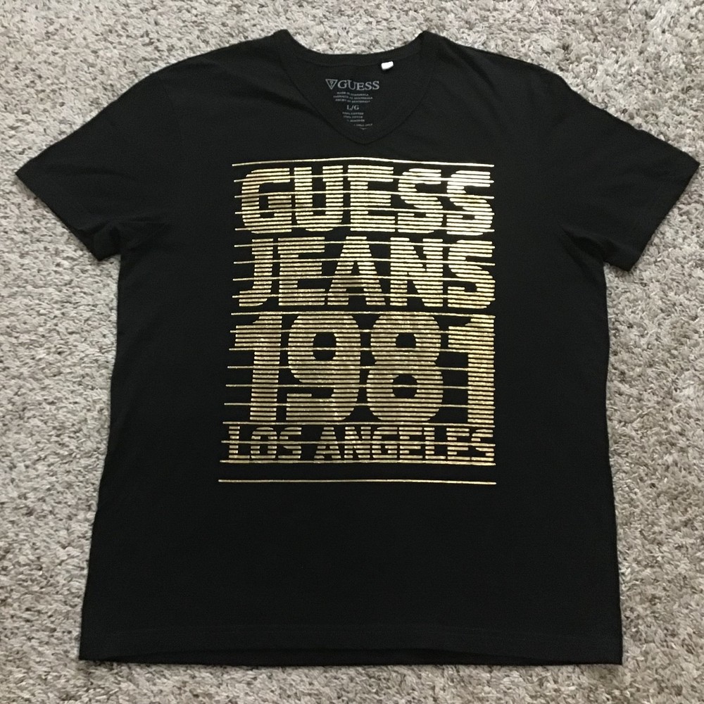 Guess Men's V Neck Tee Shirt Large Black Gold Club Dance Guess Jeans 1981 Unisex